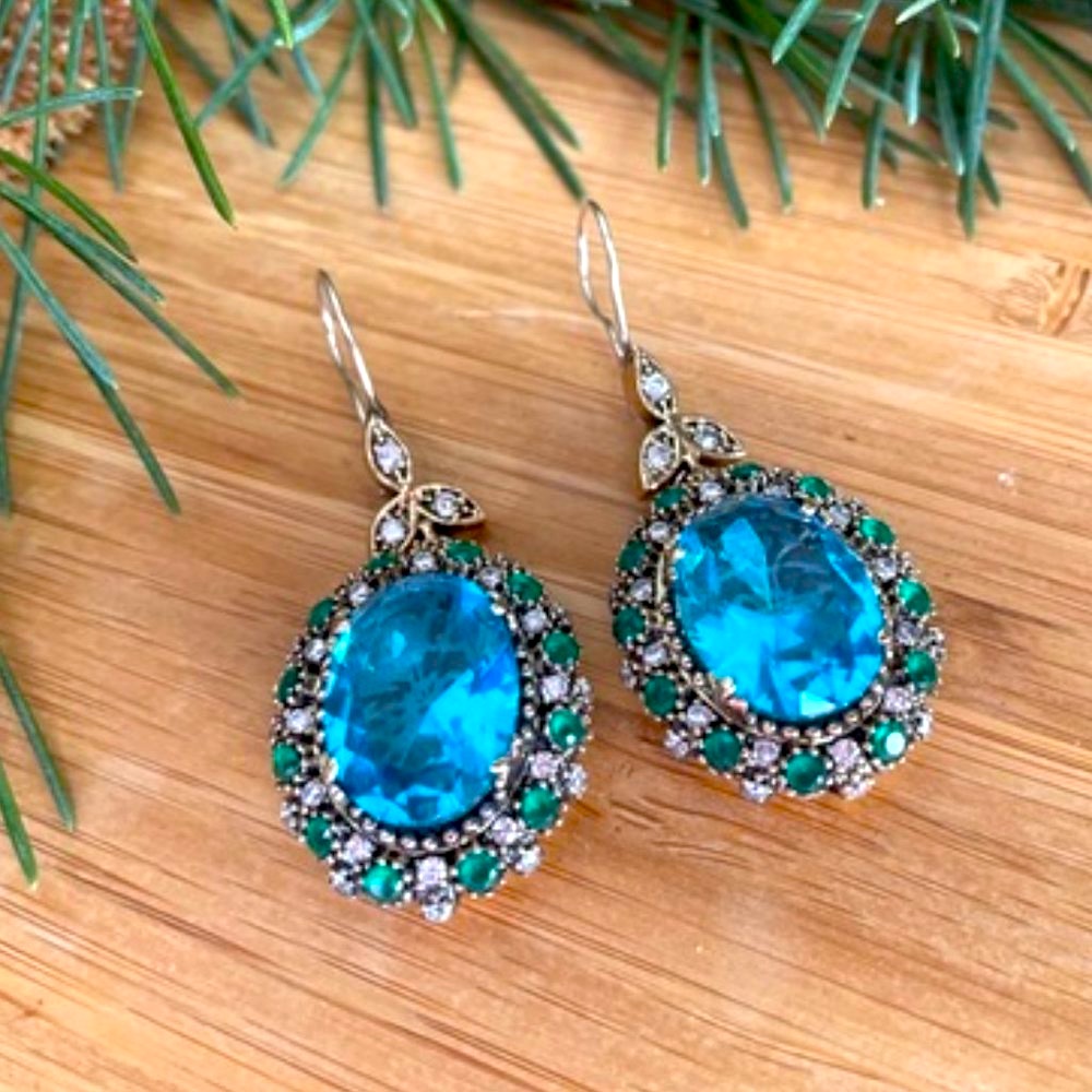 925 Sterling Silver, Aquamarine & Topaz, Earrings